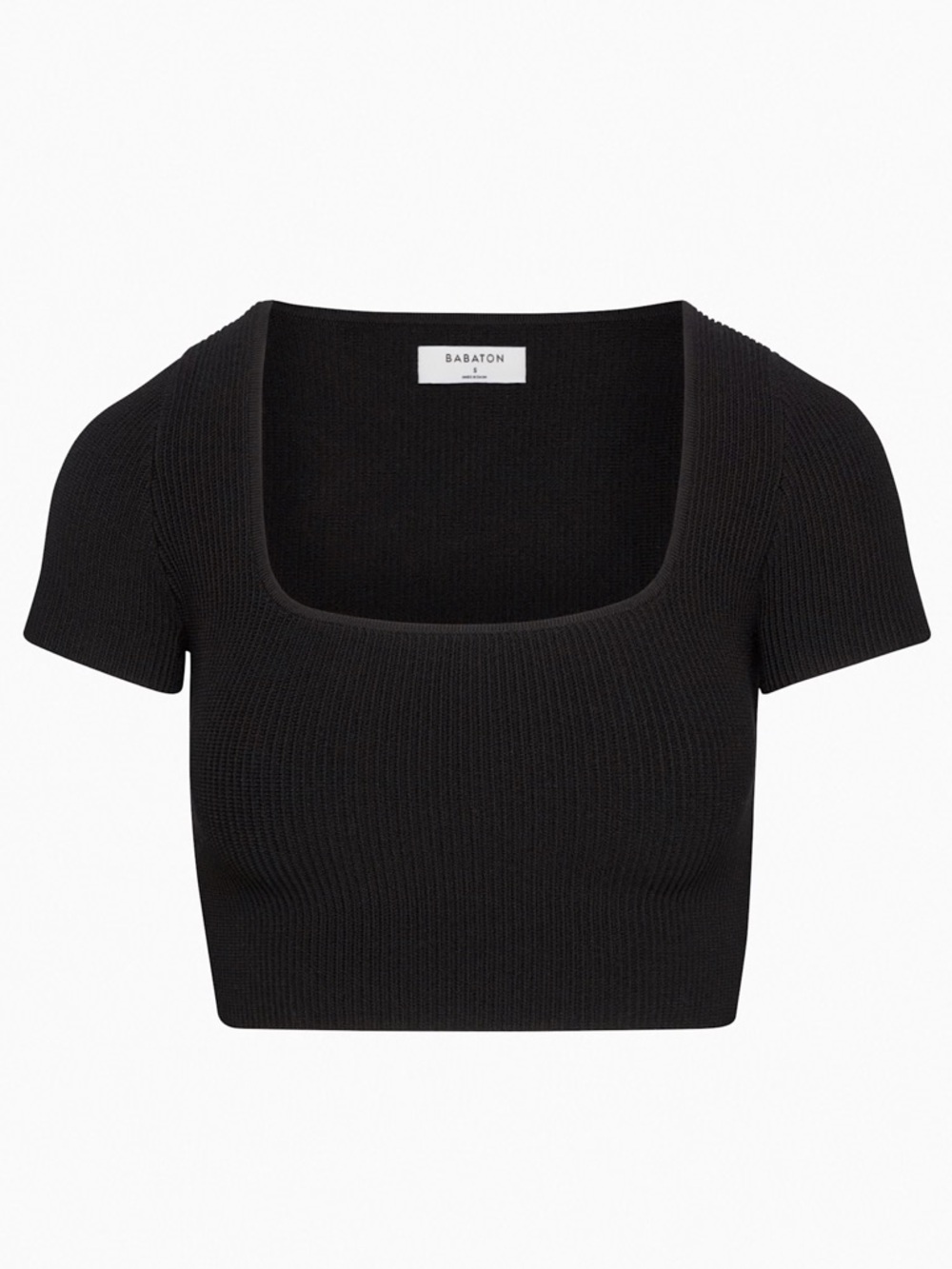 Aritzia Babaton Sculpt Knit Squareneck Top - Black Ribbed Short Sleeve Shirt